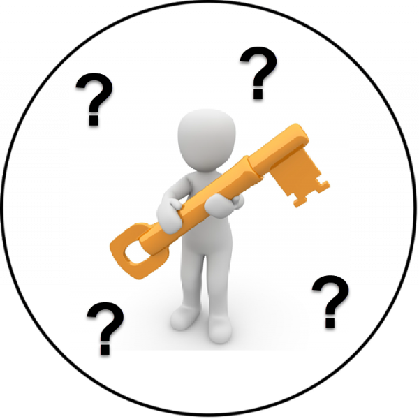person holding key surrounded by question marks